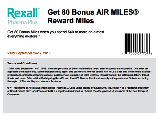 Coupon for: Get 80 Bonus Air Miles from Rexall Pharma Plus Canada