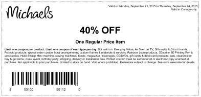 Coupon for: One regular priced item with discount at Michaels