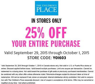 Coupon for: Enjoy shopping with coupon at Canadian The Children’s Place stores