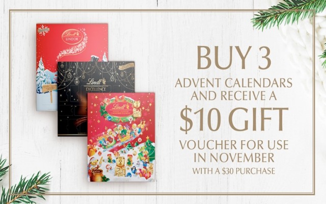 Coupon for: Lindt at Shop Park Royal - BUY 3 ADVENT CALENDARS AND RECEIVE A $10 GIFT VOUCHER FOR USE IN NOVEMBER WITH A $30 PURCHASE