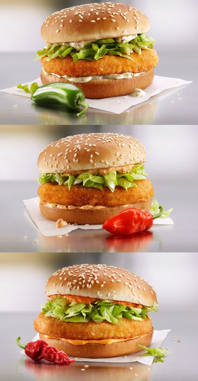 Coupon for: McDonalds Canada - new Spicy McChicken - classic McChicken with three new spice levels