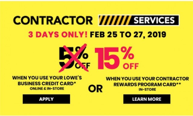 Coupon for: Lowe's - 3 Days Only, Save 15% with your Lowe’s Business Card or Contractor Rewards Card