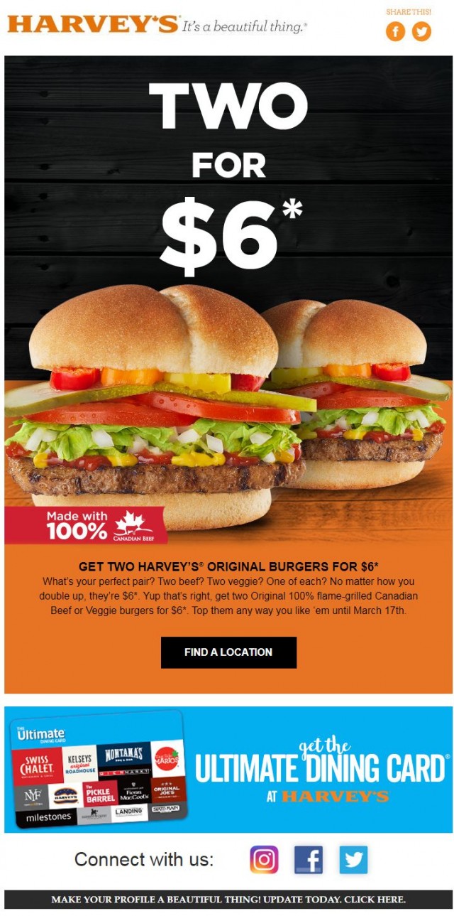 Coupon for: Harvey's - Get Two Harvey's original Burgers for $6