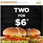 Coupon for: Harvey's - Get Two Harvey's original Burgers for $6