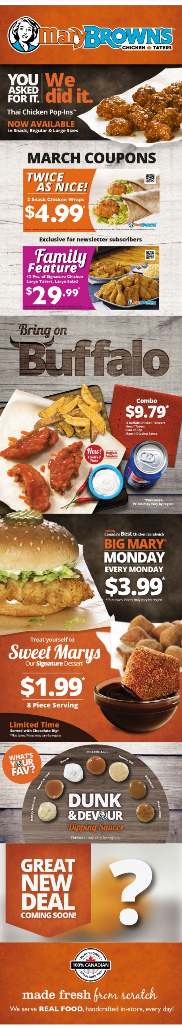 Coupon for: Mary Brown's Chicken & Taters - Delicious Deals from Mary Brown's!