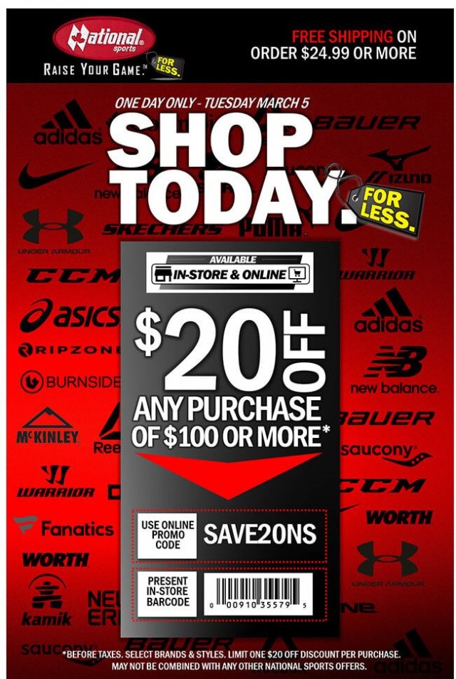 Coupon for: National Sports - Get $20 Off $100 Or More TODAY!