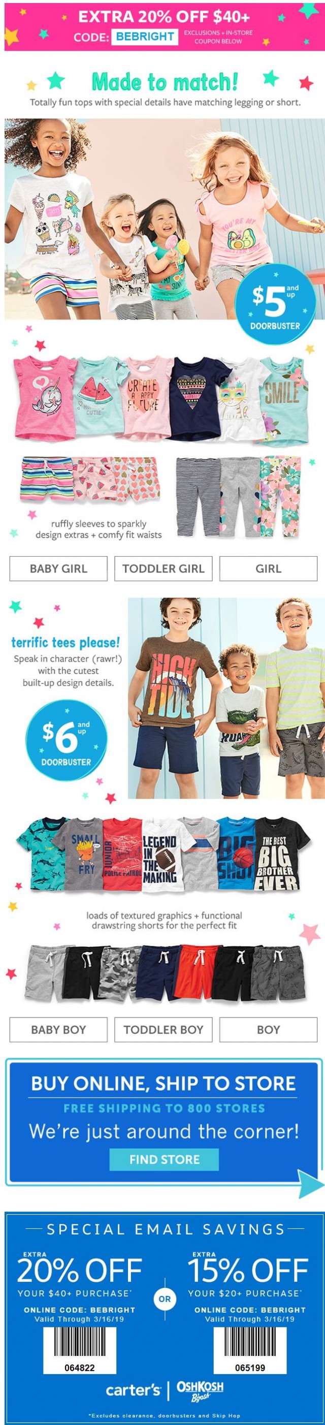 Coupon for: Carter's - Totally made to match. $5 and up!