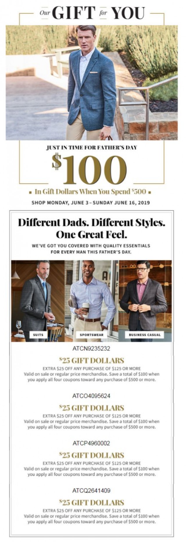 Coupon for: Jos. A. Bank - Starting Tomorrow: $100 in Gift Dollars - Just in Time for Father's Day