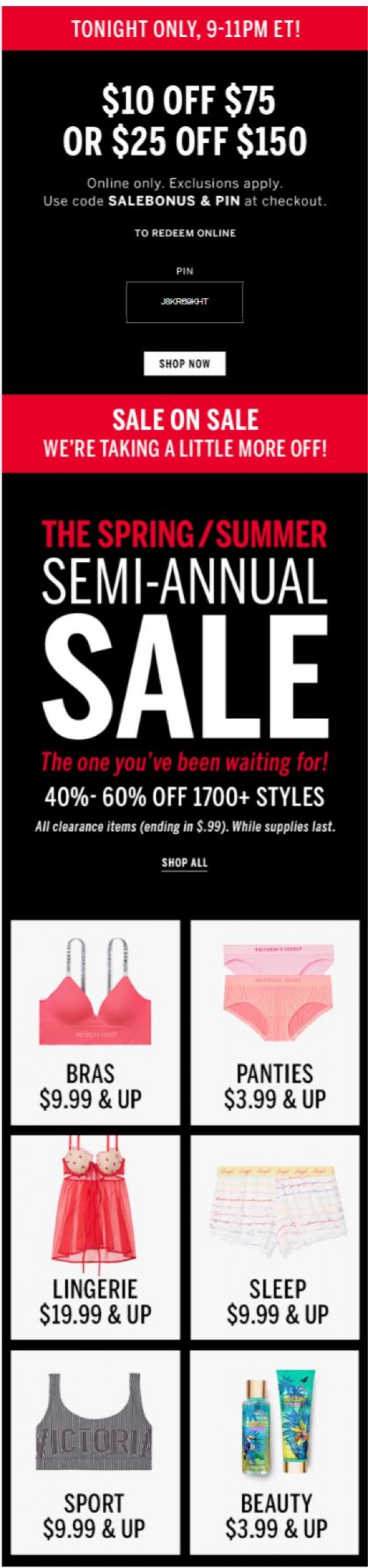 Coupon for: Victoria's Secret - 9PM ET! Get $10 off your $75 purchase