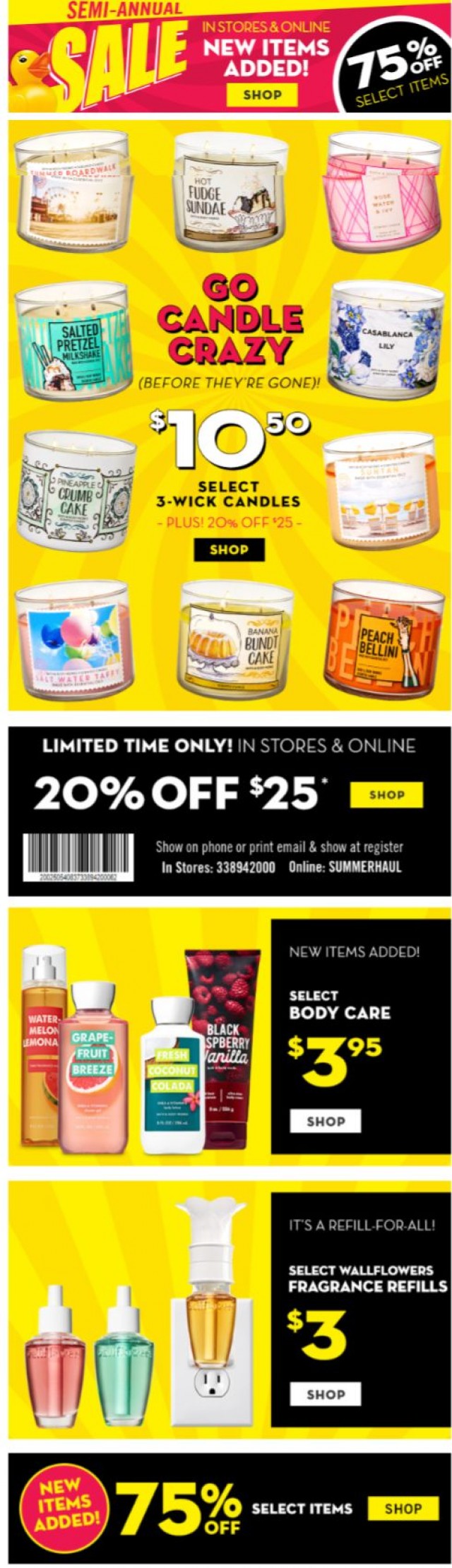 Coupon for: Bath & Body Works - first day of summer = time to haul $10.50 3-wicks + 20% off!