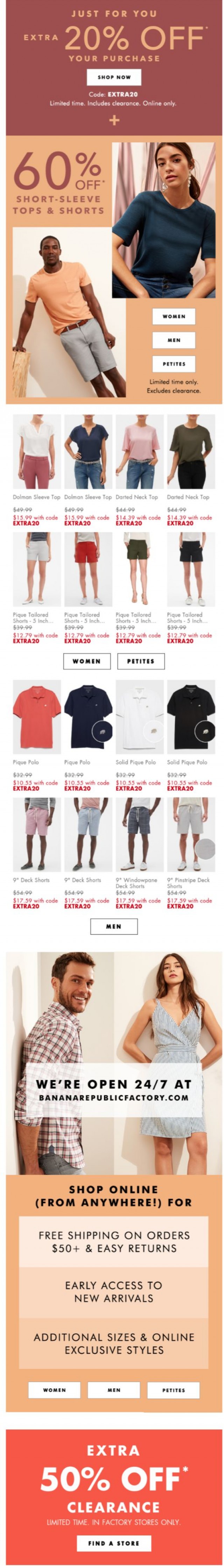 Coupon for: Banana Republic Factory - SUMMER SALE on tops & shorts