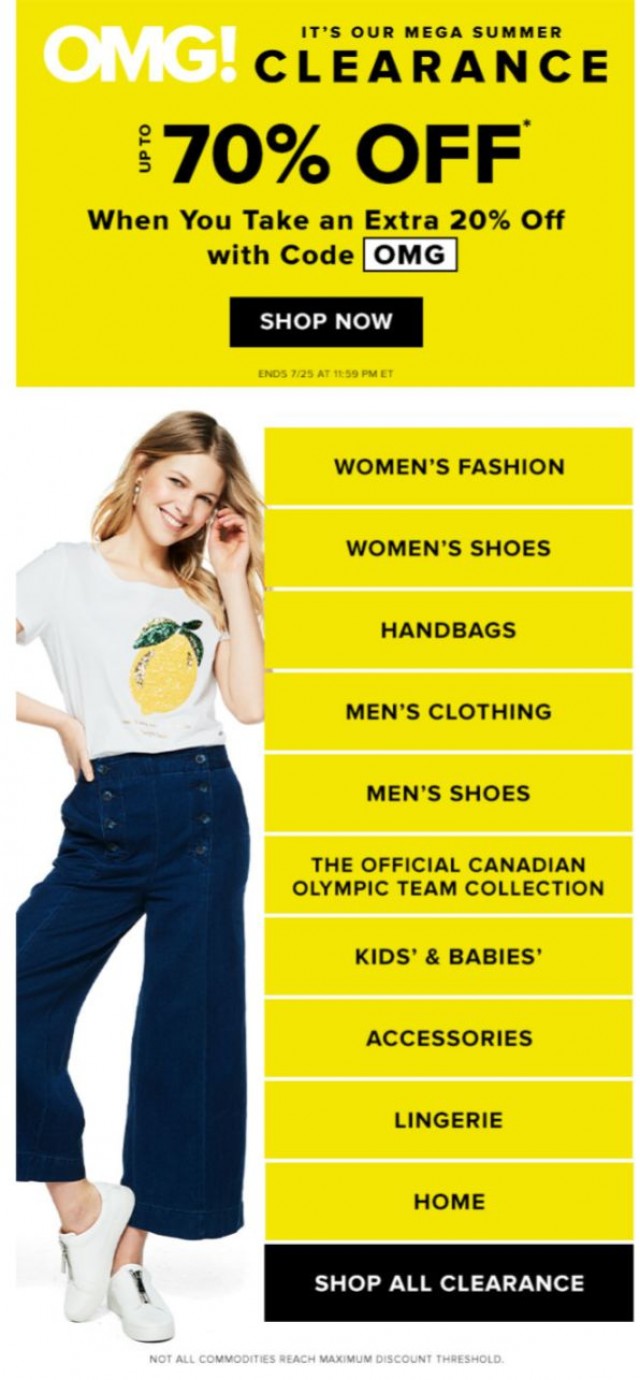 Coupon for: Hudson's Bay - OMG! Our MEGA Summer Clearance up to 70% OFF