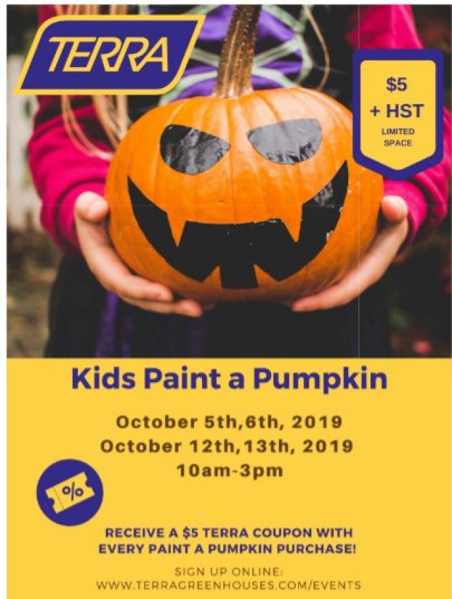 Coupon for: TERRA Greenhouses - Paint A Pumpkin - This Weekend - Spend $5 Get $5!