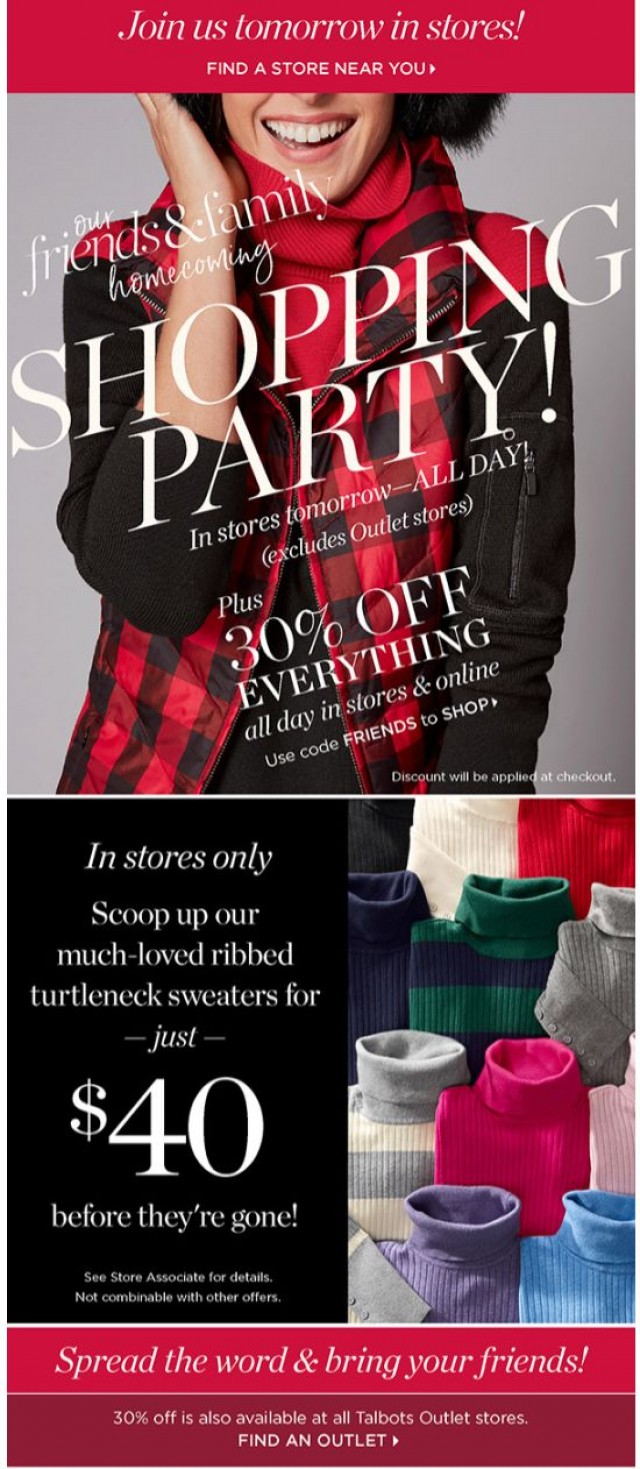 Coupon for: TALBOTS - YOU’RE INVITED to our ALL DAY Shopping Party!