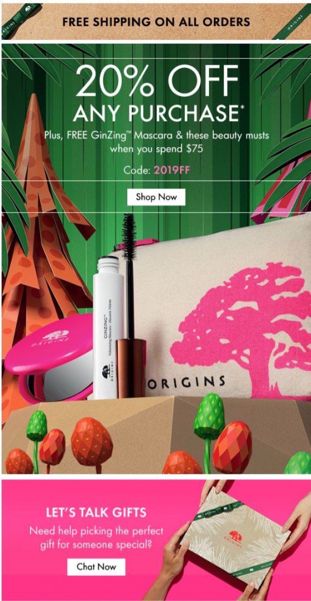 Coupon for: Origins Friends & Family - 20% OFF + Free 3 pc. Beauty Set Starts Now!