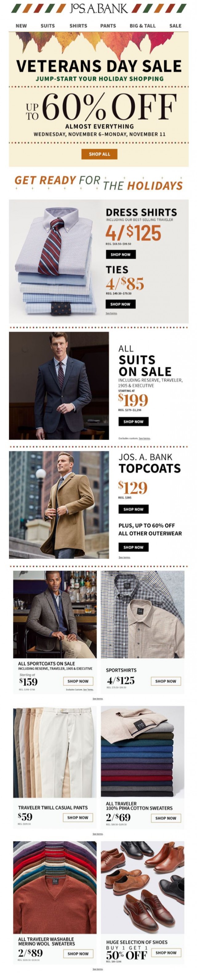 Coupon for: Jos. A. Bank - 4 for $125 Dress Shirts + 4 for $85 Ties + $199 Suits