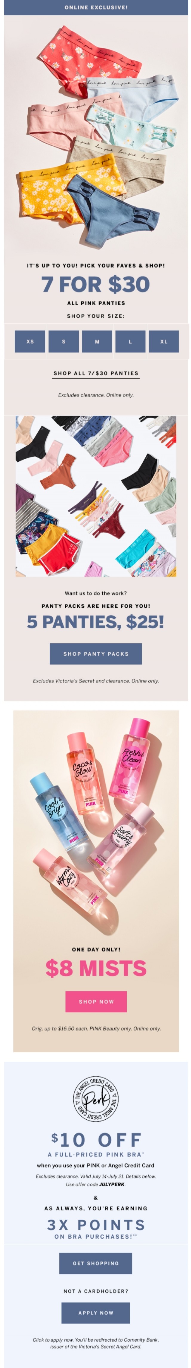 Coupon for: VS PINK - ONE DAY ONLY: 7/$30 Panties! AND $25 5-Panty Packs!