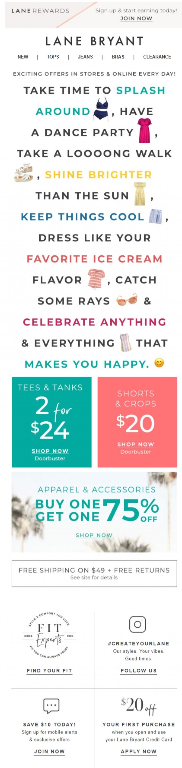 Coupon for: Lane Bryant - How to enjoy summer. (Hint: 2/$24 tees & more!)